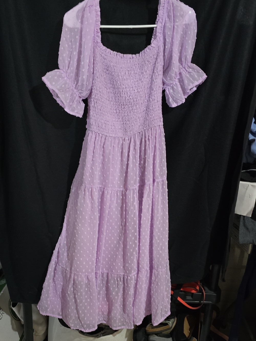 Smocked Lavender Midi Dress with Puff Sleeves - Picture 1 of 4